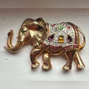 Vintage Gold Elephant Brooch with Colorful Gems